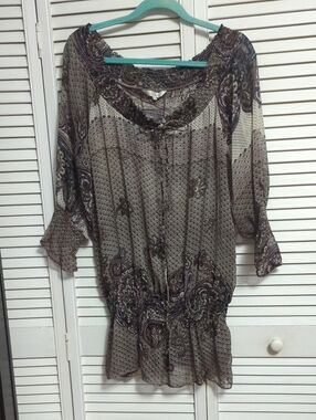 "Costa Blanca" Taupe and Purple Paisley Peasant Tunic